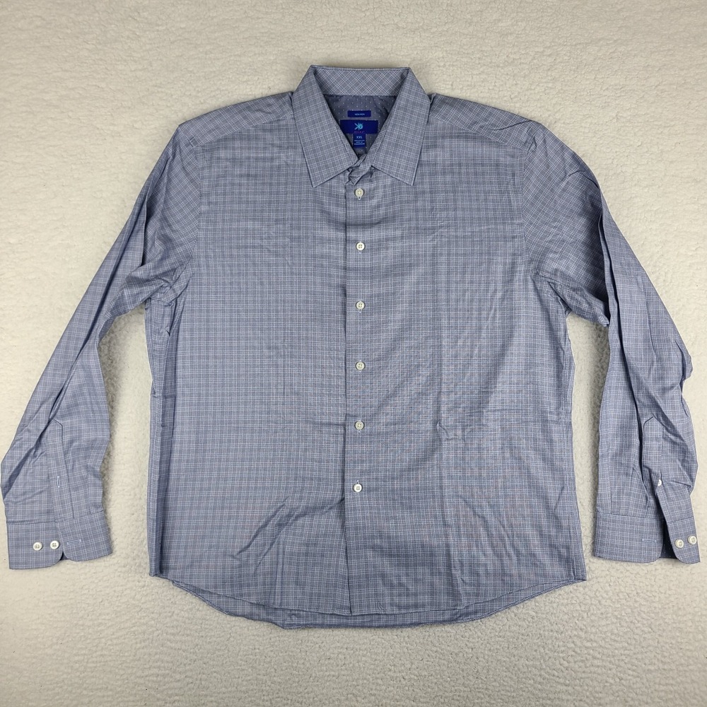 EGARA Shirt Mens 2XL XXL Blue Plaid Non Iron 100% Cotton Dress Button Up